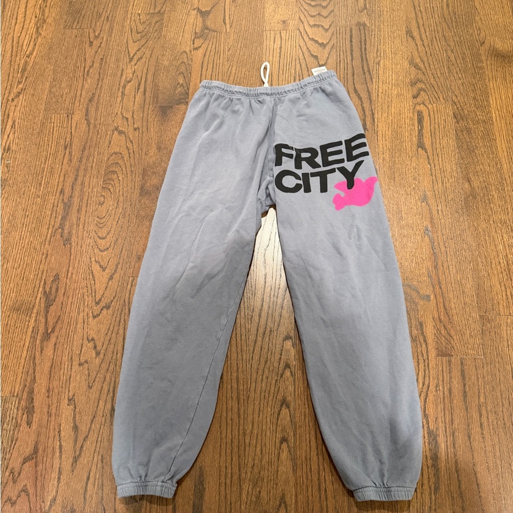 freecity Gray Sweatpants with Black Logo and Pink Graphic